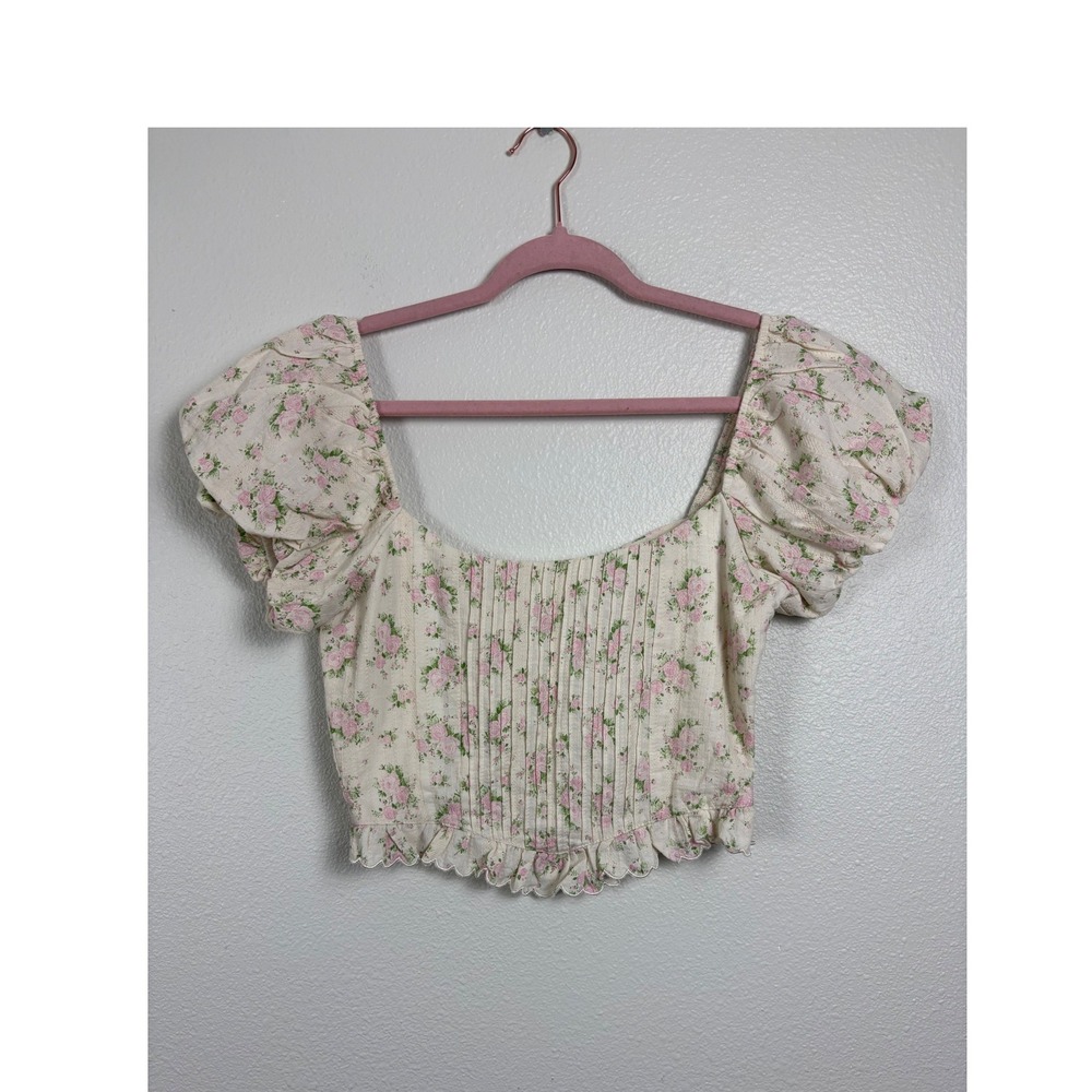 Altar'd State Floral Corset Crop Top Pink Roses Puff Sleeve Cottagecore Medium